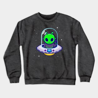 Cute Alien With Peace Hand In Spaceship UFO Cartoon Crewneck Sweatshirt